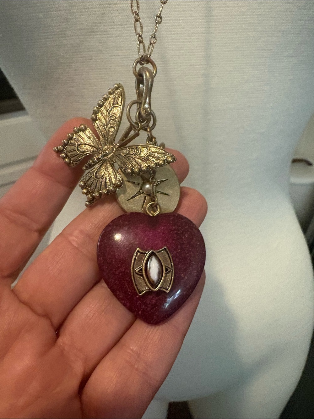 White House Black Market Gold Butterfly Charm & Burgundy Heart Pendant Necklace